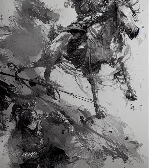 Image similar to hua mulan, pen and ink, intricate line drawings, by craig mullins, ruan jia, kentaro miura, greg rutkowski, loundraw