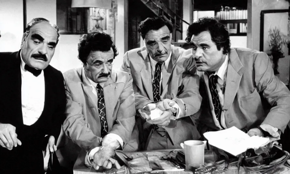 Prompt: david suchet's poirot with peter falk's columbo, film still, period piece