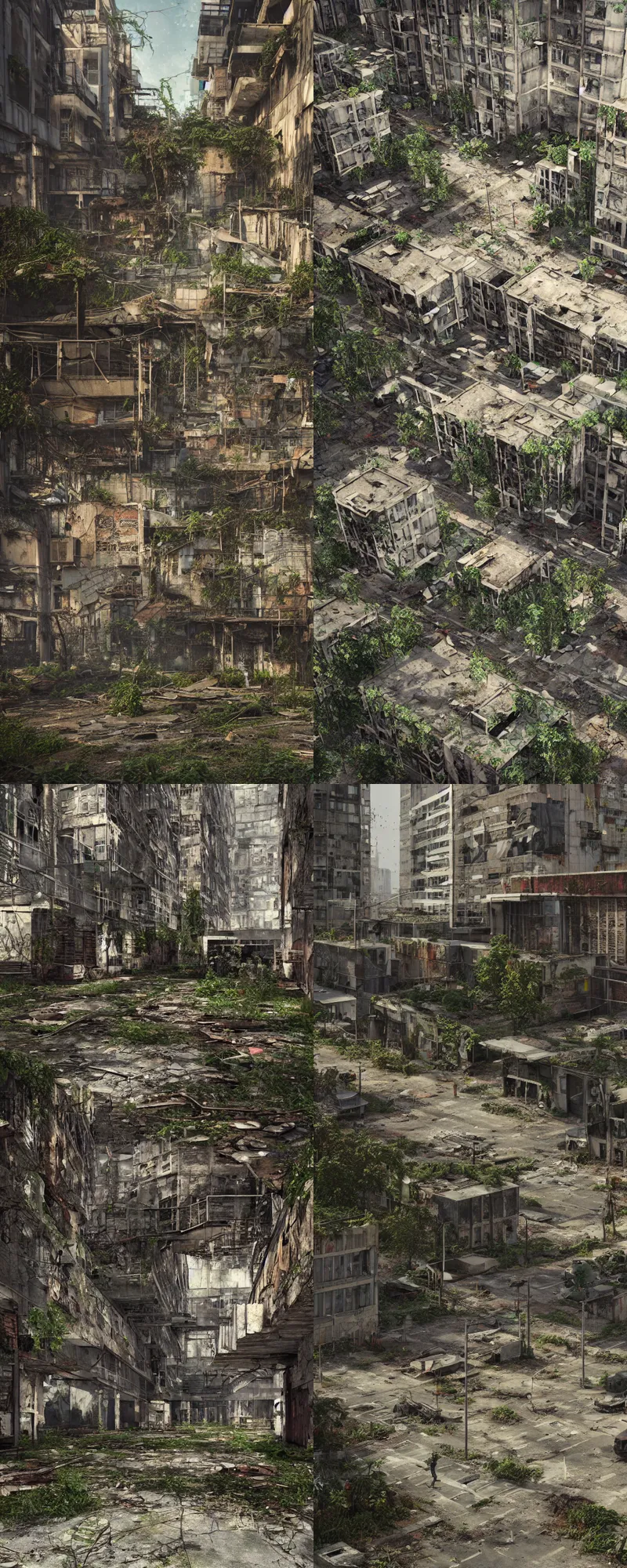 Prompt: Decaying abandoned city block with faded graffitis and overgrown vegetation. Brutalist style, concept art, realistic octane render, uplight, 8k, high detail