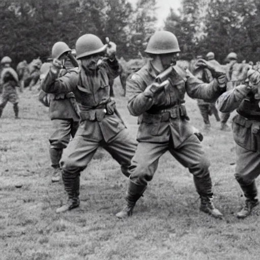 Prompt: World War 2 photo of soldiers fighting with finger guns