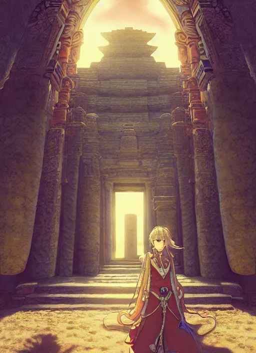 Image similar to centered portrait of the sapphire herald at a desert temple, hidari, color page, tankoban, 4K, tone mapping, Akihiko Yoshida.