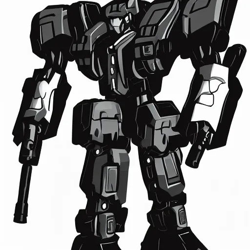 Prompt: silhouette black thumbnail art of mecha with guns on white background