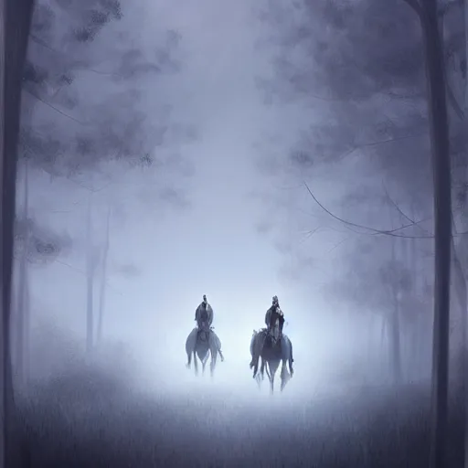Image similar to the ghostly horsemen ride through the misty forests in eternal silence. they haunt the land for centuries and every unlucky soul who crosses their path join their ranks for ever. # art # fantasy # illustration # painting # character