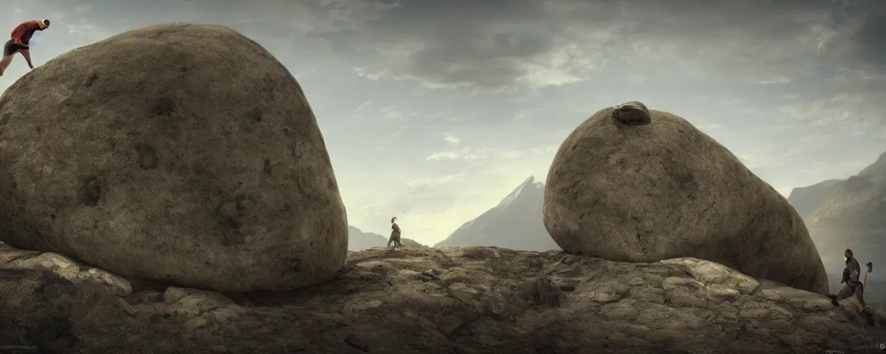 Prompt: a man is pushing a large and round boulder up a mountain, the stone is rolling up, sisyphus looks tired and dejected, the mountain is steep, melancholic mood, photo realistic, 8k, HDR, ultra detailed, close up shot, movie poster, cinematic composition, trending on artstation