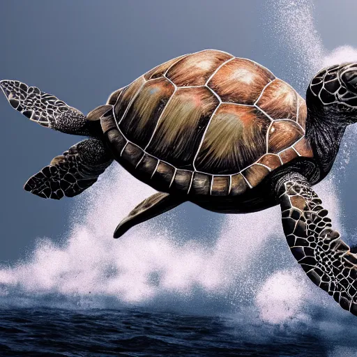 Prompt: a photograph of a turtle on a whale, 8 k, photorealistic, hyper detailed, trending on artstation