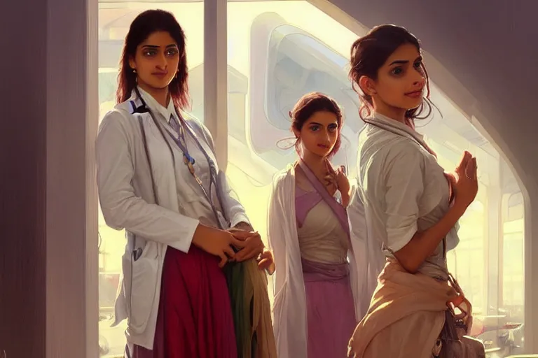 Image similar to Anxious good looking pale young Indian doctors wearing skirts and shirts at the airport, portrait, elegant, intricate, digital painting, artstation, concept art, smooth, sharp focus, illustration, art by artgerm and greg rutkowski and alphonse mucha