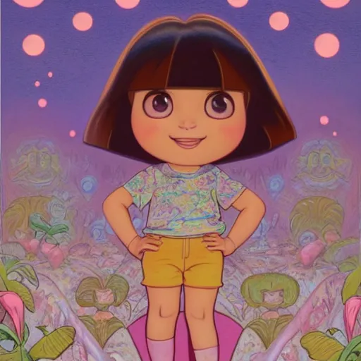 Image similar to dora the explorer as real girl in happy pose, detailed, intricate complex background, Pop Surrealism lowbrow art style, muted pastel colors, soft lighting, 50's looks by Mark Ryden,Yosuke Ueno,Kanjana Khumcruth (Gan),mucha, artstation cgsociety