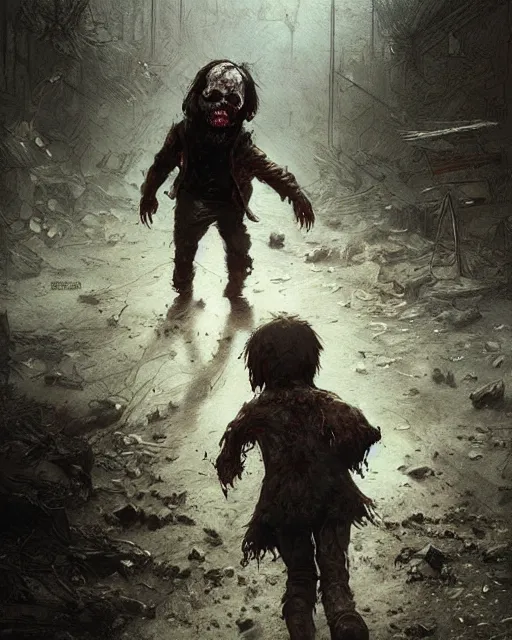 Image similar to a child zombie walking toward a scared teenager that fell on the ground realistic concept art, hd, high quality by jean baptiste monge, dan mumford, greg rutkowski