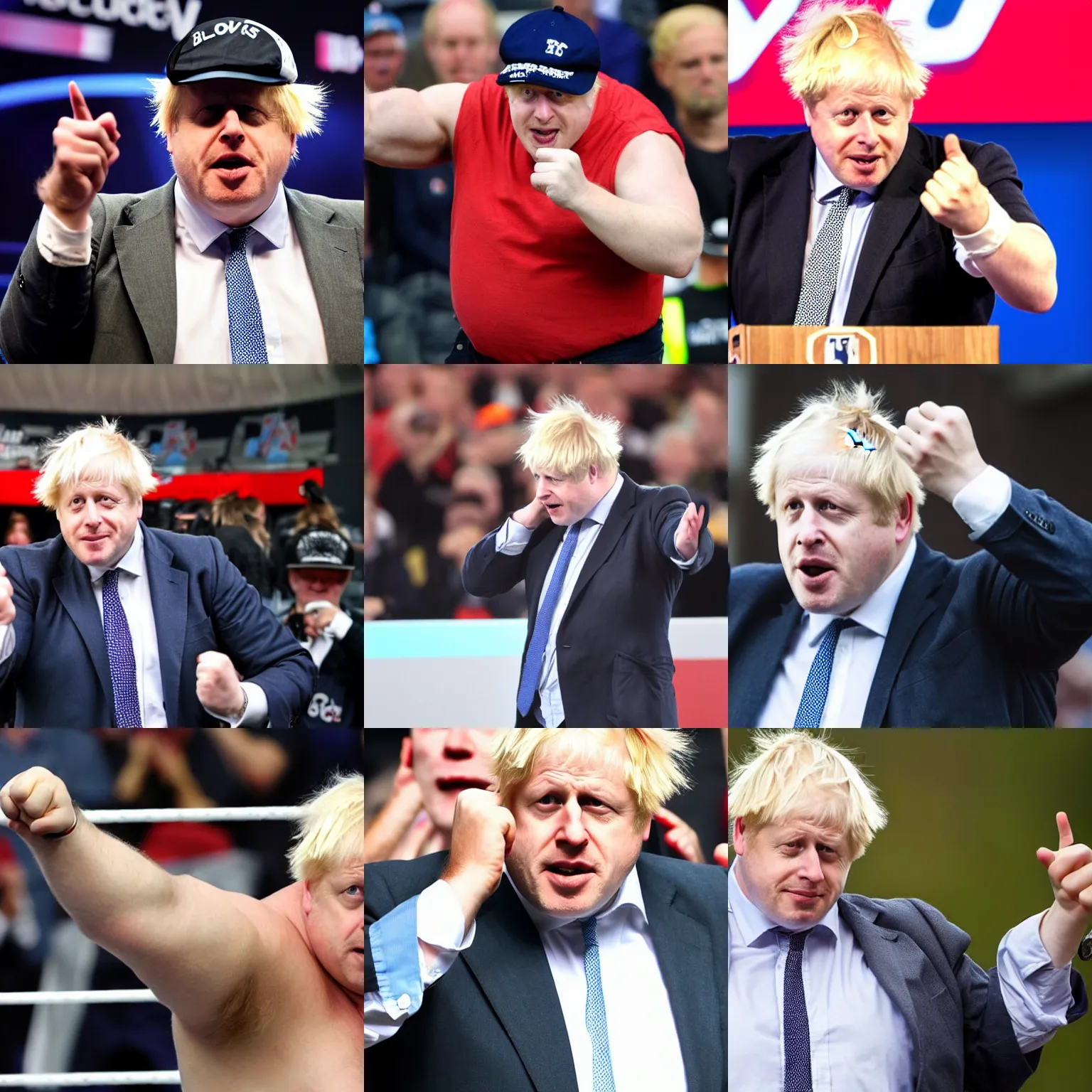 Image similar to boris johnson as an angry muscular wwe wrestler wearing a cap hat. he is looking closely at his fingers