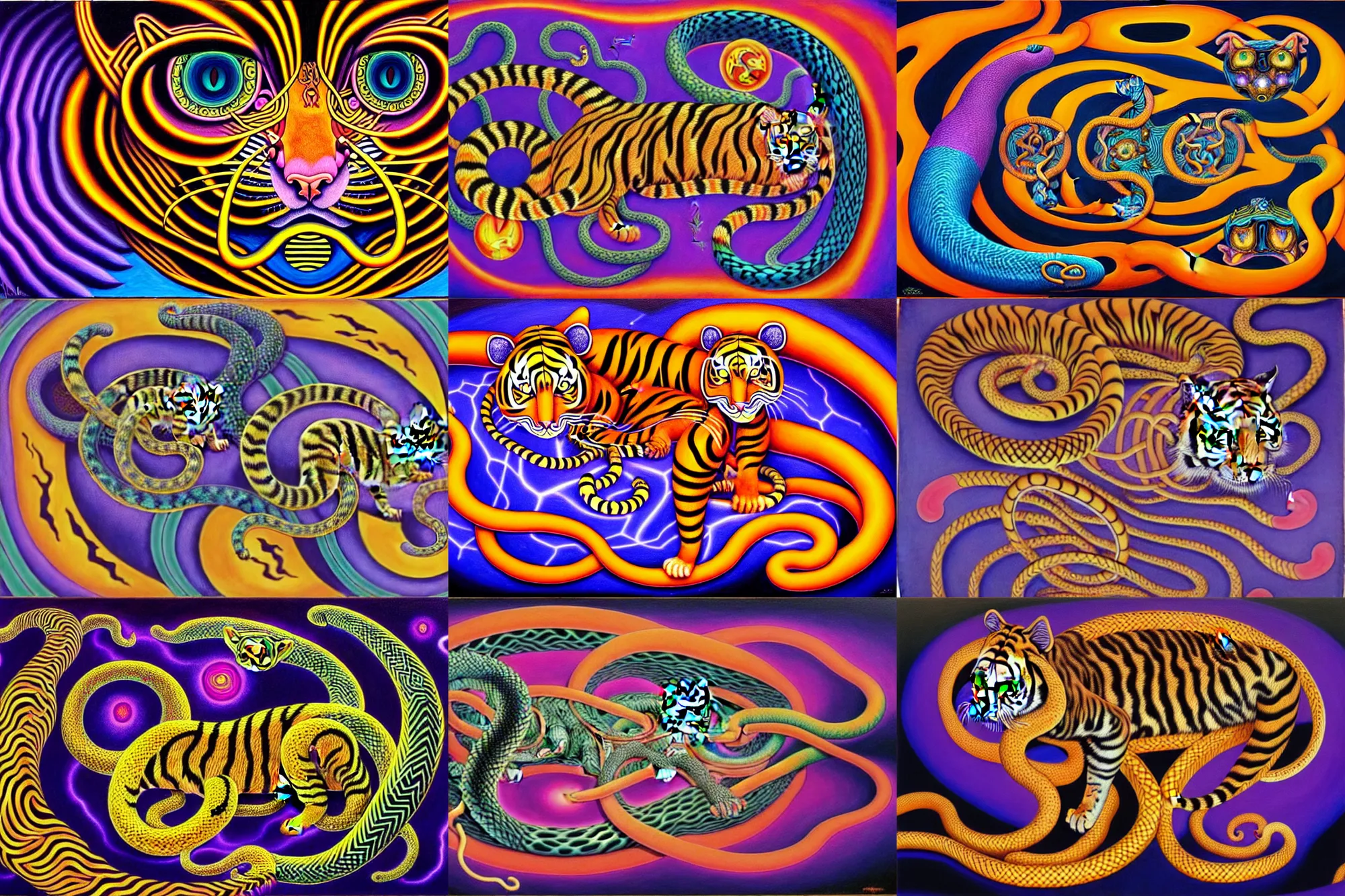 Prompt: a detailed painting of a magick cat occult effigy tiger that is a crescent shaped cat atomic latent snakes in between autobiological cybernetic resurgence of snake phonkadelic inspirations in the style of escher, alex grey, kubrick inspired by surrealism, symbolism, and dark fantasy, clear, crisp,