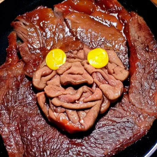 Image similar to chuck roast norris, food photo of chuck norris face on chuck roast