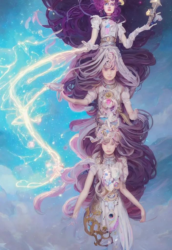 Image similar to full body picture of an maximalist dress magical girl, neat hair with bangs, smug face, extremely beautiful and aesthetic and detailed cute face and eyes, wipe out evils with cute astronaut familiar sprites, aming the magical beams to the camera, chiaroscuro, intricate, masterpiece, epic fantasy illustrations by peter mohrbacher and anato finnstark and jeremy lipking