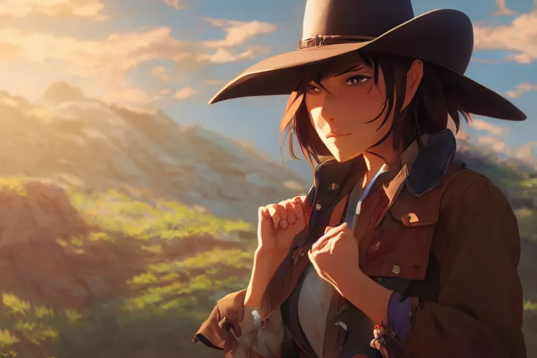 Prompt: western cowgirl, single subject, scenic full shot, ambient lighting, detailed face, by makoto shinkai, stanley artgerm lau, wlop, rossdraws