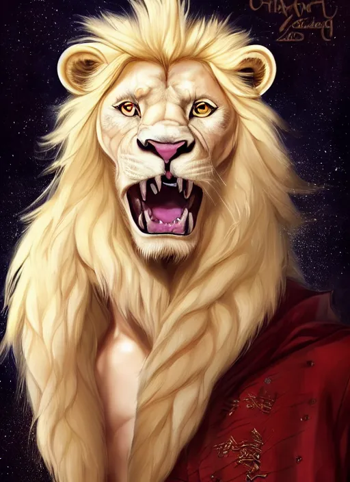 Prompt: award winning beautiful portrait commission of a male furry anthro albino lion with a beautiful hyperdetailed attractive outfit and face wearing a golden and red rockstar outfit on a stage. Character design by charlie bowater, ross tran, and makoto shinkai, detailed, inked, western comic book art