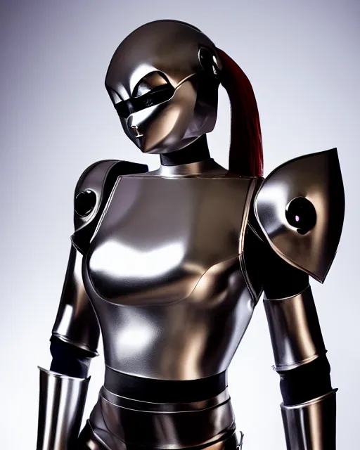 Image similar to realistic photo portrait of a metal sentai woman with human head, studio lighting, 1 5 0 mm