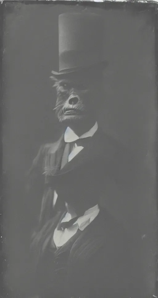 Image similar to a vintage wet plate portrait of a dignified bigfoot with a top hat and cane