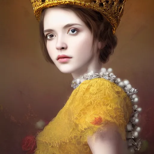 Prompt: a portrait of a beautiful girl with crown,inspired by Baroque and Rococo,hint of gold ,bright colours,hyper realistic,photo real ,matte painting, concept art, hdri, 4k -