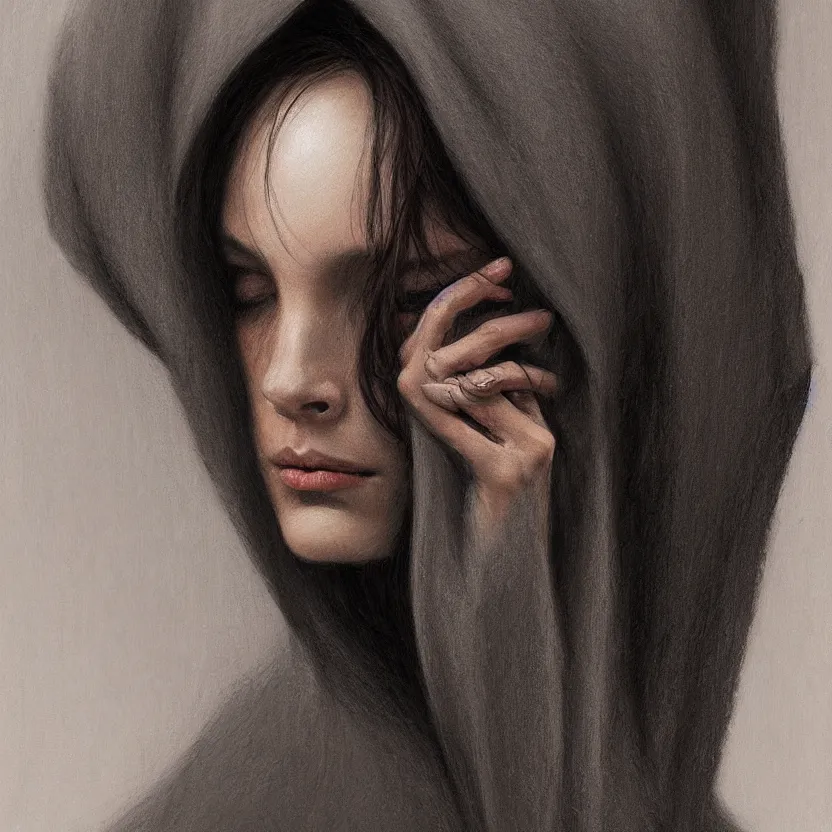 Prompt: Portrait of a young woman with dark hair wearing a hooded robe, she is looking down, unique, intricate, elegant, highly detailed, digital painting, artstation, concept art, smooth, sharp focus, illustration and art by beksinski