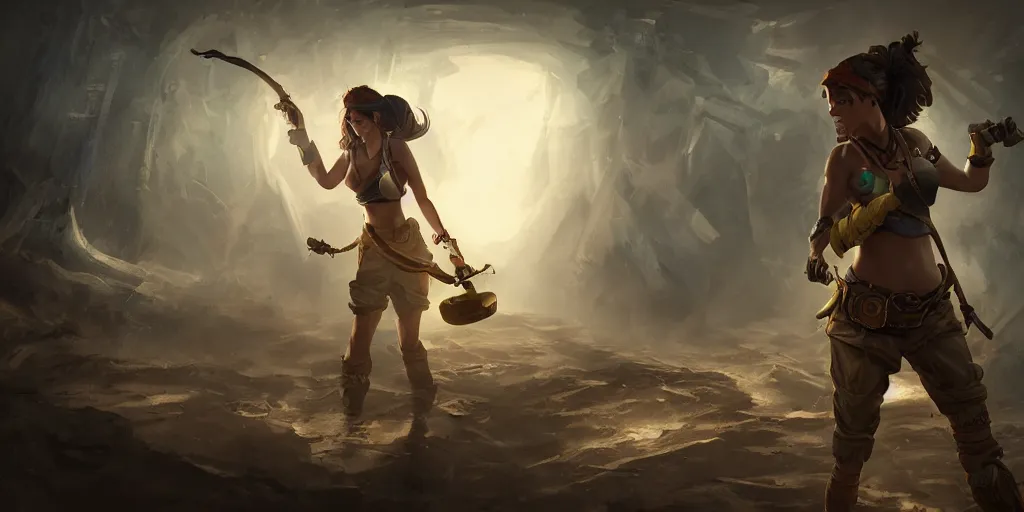Prompt: an environmental concept art of a female treasure hunter, highly detailed, cinematic, dramatic lighting, close shot by francis tneh