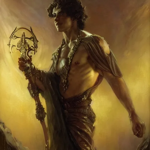 Image similar to attractive male deity casts dark spell, summons handsome lucifer morningstar. highly detailed painting by gaston bussiere, craig mullins, j. c. leyendecker 8 k