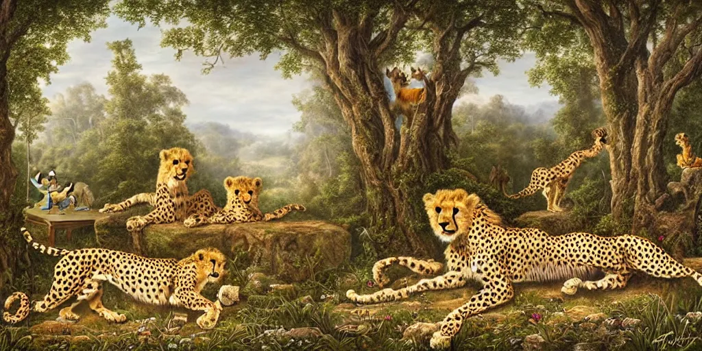 Image similar to cheetah and lion in front of birthday table in fairytale forest , huge scale, high detail, intricate by Jonathan Bentley