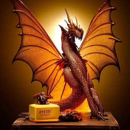 Prompt: a dragon made of honey in an apothecary. the dragon is transparent. you can see light shining through the wings. honey is dripping everywhere. the background is cluttered. sigma 85mm f11, rim light, studio lighting, 8k