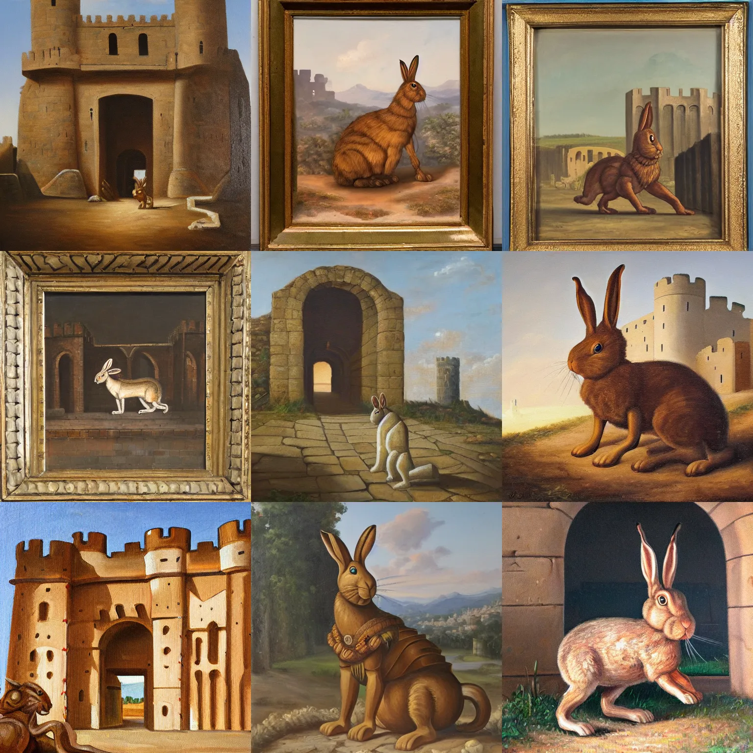 Prompt: an oil painting of a trojan rabbit at a castle gate