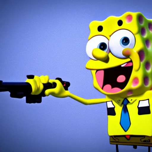 Prompt: spongebob with a gun. Octane render, 4k, 8k, unreal 5, very detailed, hyper realism, trending on artstation.