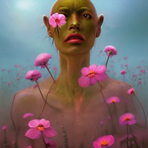 Image similar to a beautiful nature portrait of a p - zombie!!! natural lighting art dawn. highly detailed. colourful. moody. artstation, 4 k, by gerald brom zdzisław beksinski, and ansel adams and studio ghibli, horror, lots of sakura flowers, lovely