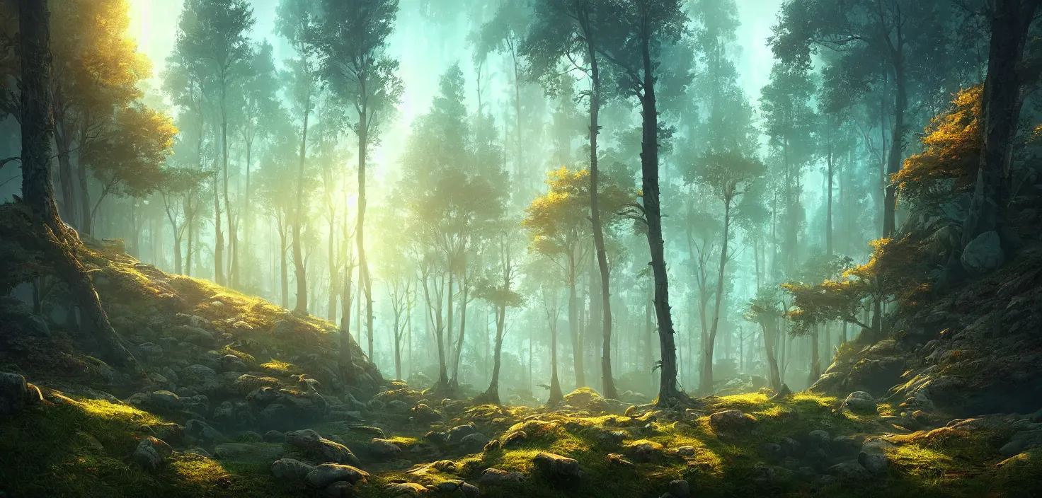 Prompt: random forest landscape, incredible, vector art, octane render, fabulous, hyper detailed, random cinematic view, no noise, global illumination, warm lighting, volumetric, godrays, vivid, beautiful, by jordan grimmer