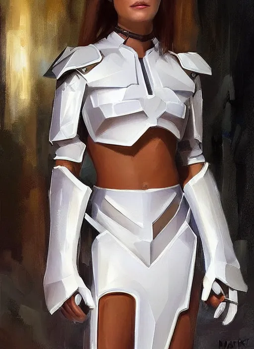 Prompt: stunning woman in a coffee shop wearing low poly, glossy white armor, by mark arian