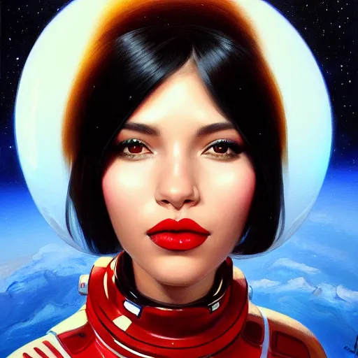 Prompt: a portrait of a very BIPOC beautiful woman in a spacesuit, brown eyes, shoulder-length black hair, red lips, bored, illustration, soft lighting, soft details, painting oil on canvas by mark arian by artgerm, trending on artstation, 4k, 8k, HD