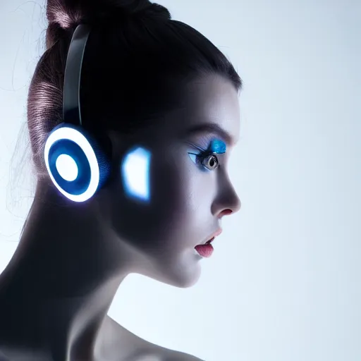 Image similar to high fashion photography of a model in neo futurism white sci - fi makup, be headset, transparent cloth, beautifully lit