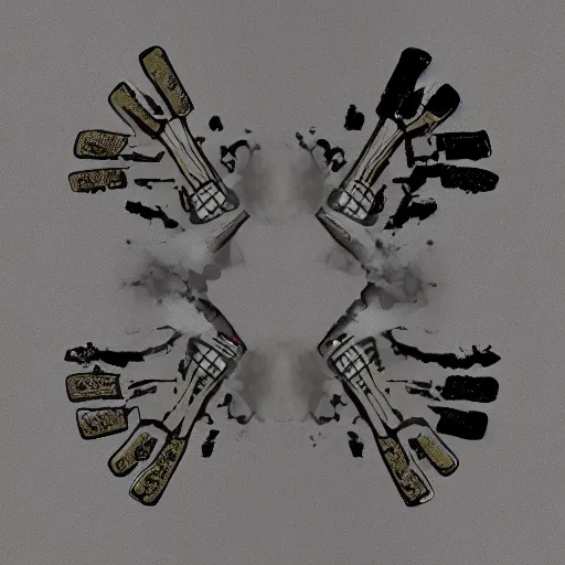 Image similar to fingerpainting catastrophic textured weapon pattern, symmetrical