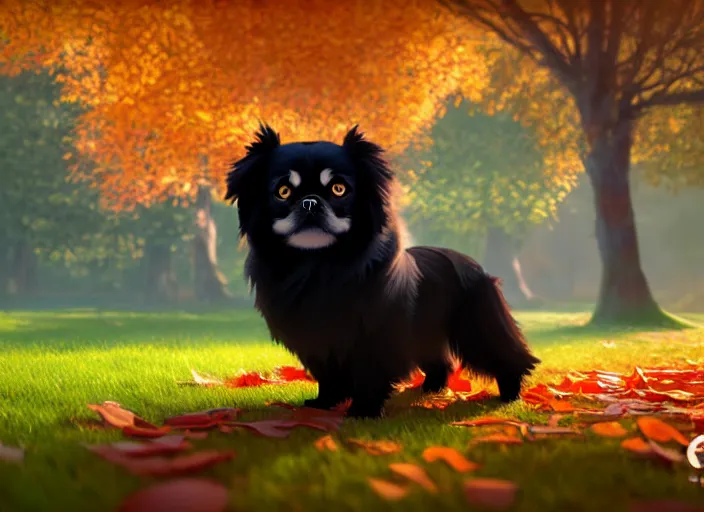 Prompt: a wholesome animation key shot of a black tibetan spaniel, autumn trees in the background, autumn leaves in the foreground, studio ghibli, pixar and disney animation, sharp, rendered in unreal engine 5, anime key art by greg rutkowski, bloom, dramatic lighting