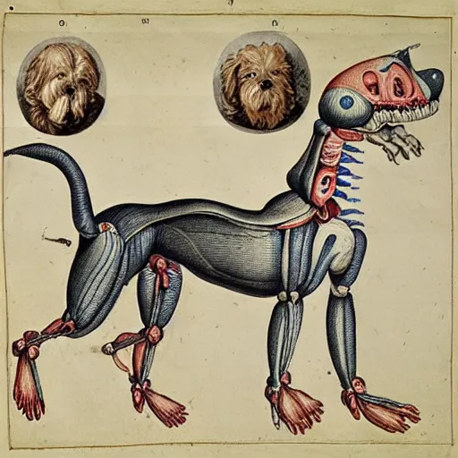 Image similar to anatomical diagram of a puppet dog, by maria sibylla merian