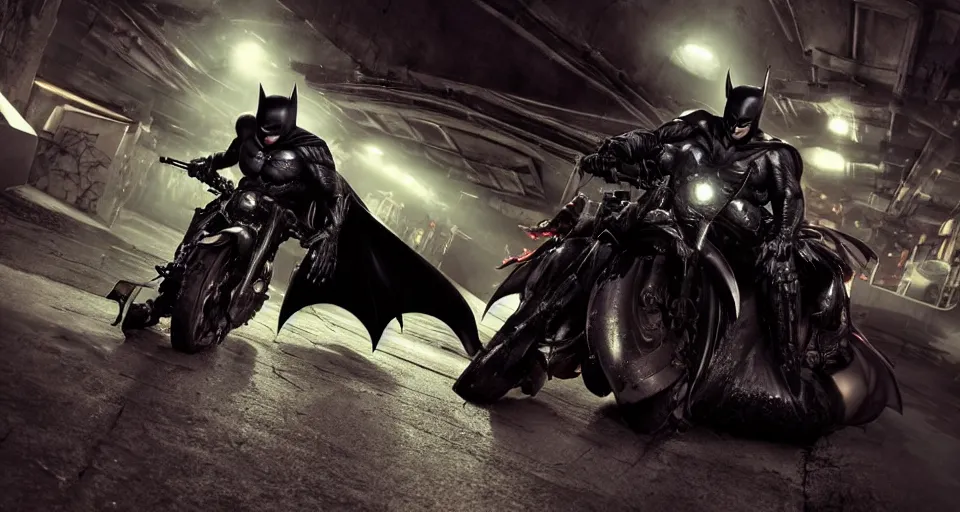 Prompt: The Batman Who Laughs In A Dimly Lit Tunnel and His Psycho Batmobile, bats, sunset, volumetric lighting, hyperrealistic, beautiful details, HDR, octane render, action shot, wide angle, bokeh, Yasushi Niarasawa Moebius HR Giger Style
