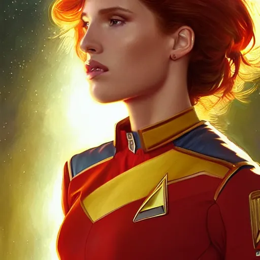 Prompt: ultra realistic illustration, bella thorne as captain wearing star trek red uniform, intricate, elegant, highly detailed, digital painting, artstation, concept art, smooth, sharp focus, illustration, art by artgerm and greg rutkowski and alphonse mucha