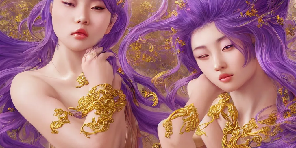 Image similar to asian nymph goddess flowing purple hair twisting in sensual pose with golden tattoes of cursive sigils on her opalescent skin, fantasy, intricate, very beautiful, elegant, golden light, highly detailed, digital painting, artstation, concept art, smooth, sharp focus, unreal engine, art by wlop and tian zi and alphonse mucha