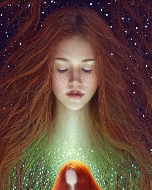 Prompt: a young woman, amazed by the lights of golden fireflies, sitting in the midst of nature fully covered, long loose red hair, intricate linework, green eyes, small nose with freckles, oval shape face, soft happy smile, realistic, expressive emotions, mystical scene, hyper realistic ultrafine detailed illustration by james jean and albert bierstadt and artgerm