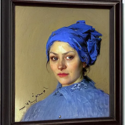 Image similar to Portrait of a stern looking affluent woman, photorealistic, general facial details, wearing a blue bonnet, by Ilya Repin