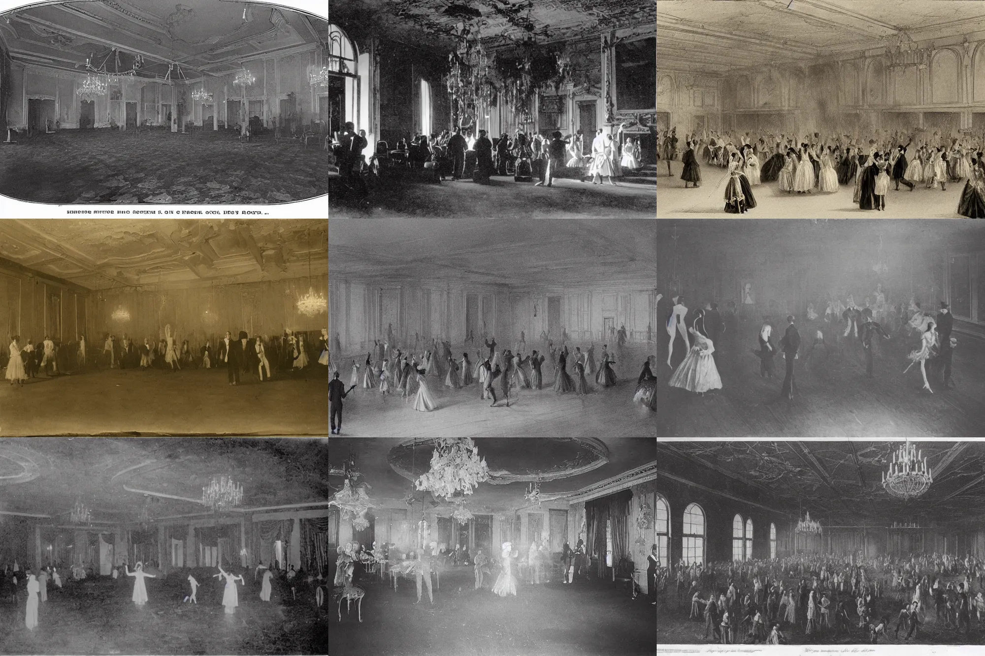 Prompt: 19th century ballroom, ghosts dancing, spooky, high detailed, old photograph, no text, no watermark