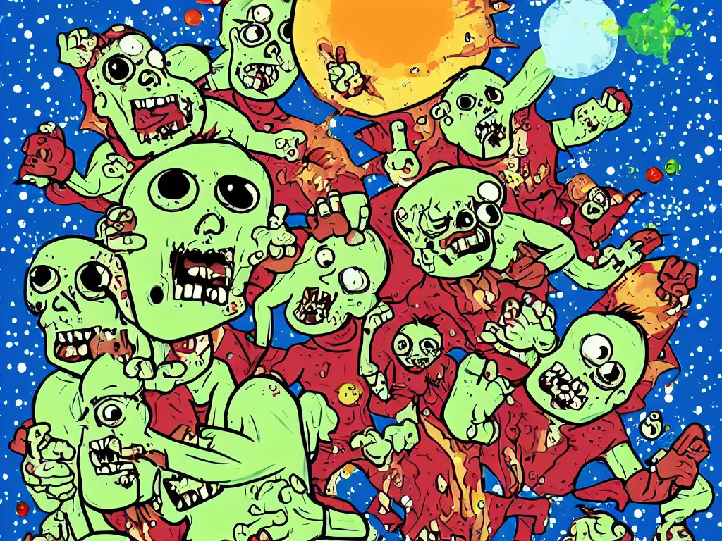 Image similar to exploding zombies in space, children's illustration, cartoon