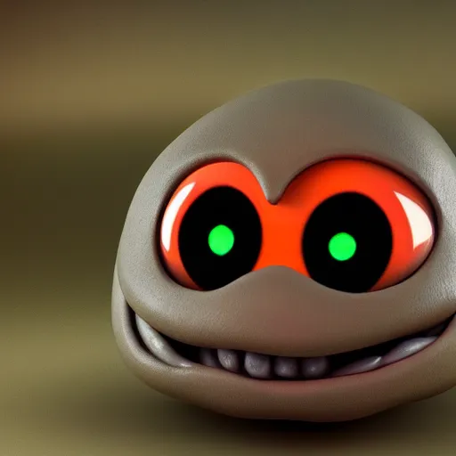 Image similar to photo of a comically tiny clay model of baby magma creature with a rocky body and large childlike eyes leans close to the camera, fish eye lens, 4 k, hyper realistic, hyper detailed face, octane render, comedic, cute