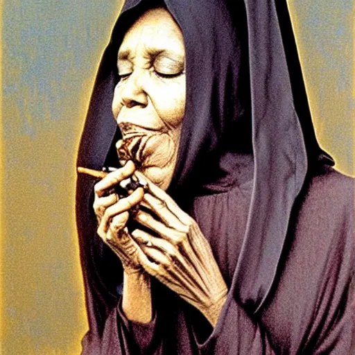 Prompt: a black nun wearing shiny jewelry, she's smoking a cigar and puffing smoke, by Beksinski