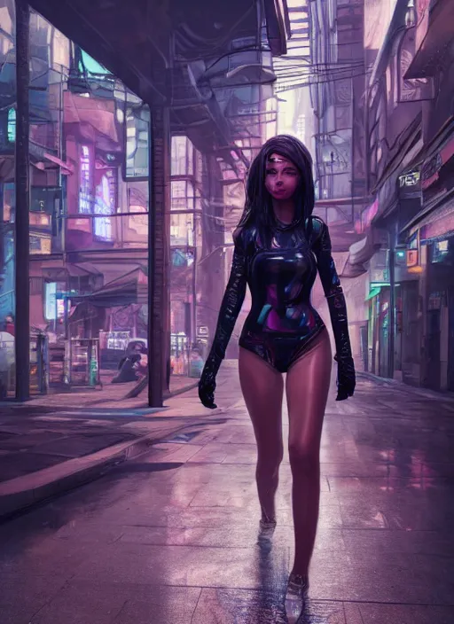 Image similar to photo of a beautiful woman walking through a cyberpunk city, full body, hyper realistic, 8 k, dslr, unreal engine, highly detailed portrait by laura sava