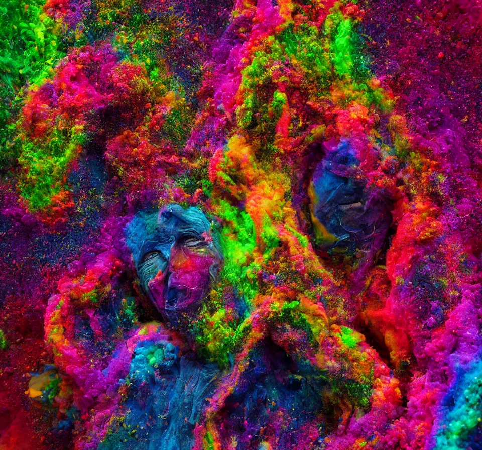 Prompt: insides of a human head explode outward as a huge mass of coloured powder, exploding powder, artistic photography, motion blur, hyperrealistic, medical photography, anatomically correct, realistic crisp textures, 8 k, art by lee griggs,