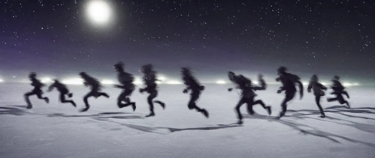 Image similar to a creepy dimly lit hyper detailed photo realistic vivid close up photograph of a group of six people running at night in antarctica running through mcmurdo station base screaming oh my god terror shadows evil darkness aurora borealis