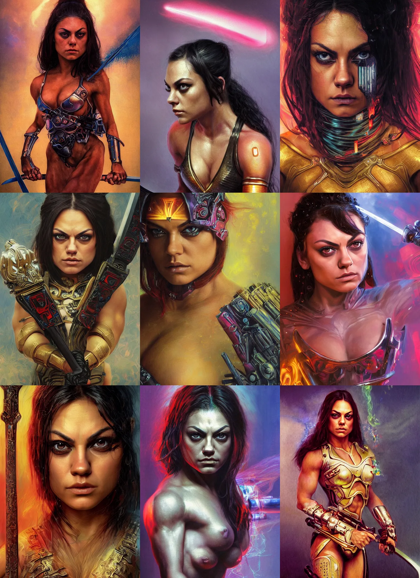 Prompt: bodybuilder mila kunis closeup portrait of a beautiful biblical diabolical samurai girl looking into the camera holding a sword, cyborg neon lit lsd armor, puffs of smoke, golden hour, gerald brom, mikhail vrubel, peter elson, muted pastel colors, extreme detail, light rain, trending on artstation, 8 k