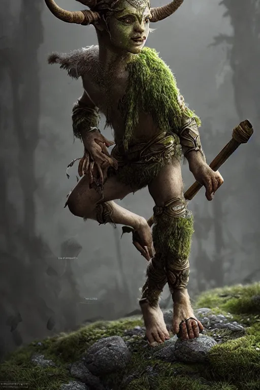 Prompt: full body portrait, small imp with a spear, rock, moss, horns, intricate, ethereal, by wlop, hyper detailed, weta digital, ray trace, unreal engine, beautifully lit, cinematic, soft light, photorealistic, realistic, glossy
